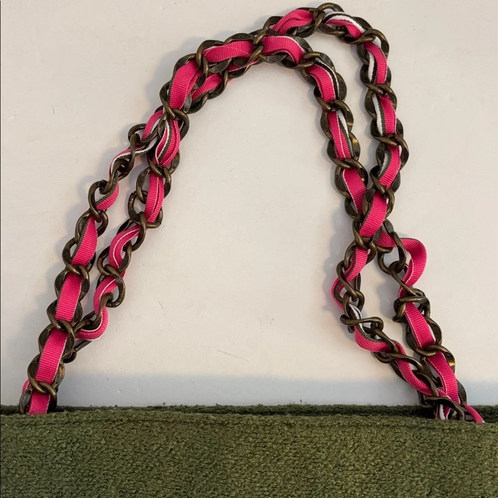 GOLDIE BRAND OLIVE/MOSS GREEN WOOL BAG PINK RIBBON THROUGHOUT BRASS HANDLE